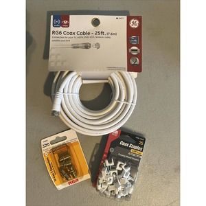 GE 25ft RG6 Coax Cable White, Coax Staples, & RCA In-Line F Connectors New!